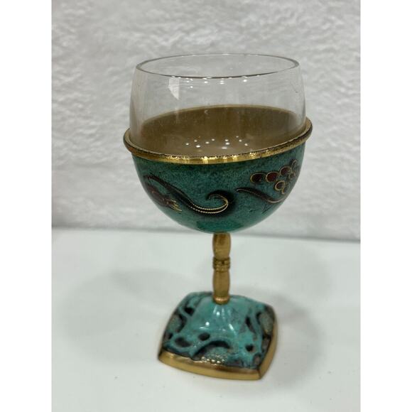 Vintage Enamel On Brass And Glass Insert Kiddish Cup Made in Israel - Picture 3 of 13